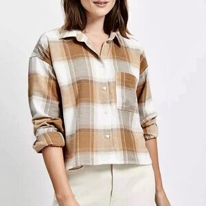 Loft Tan Plaid Modern Pocket Button Up Shirt